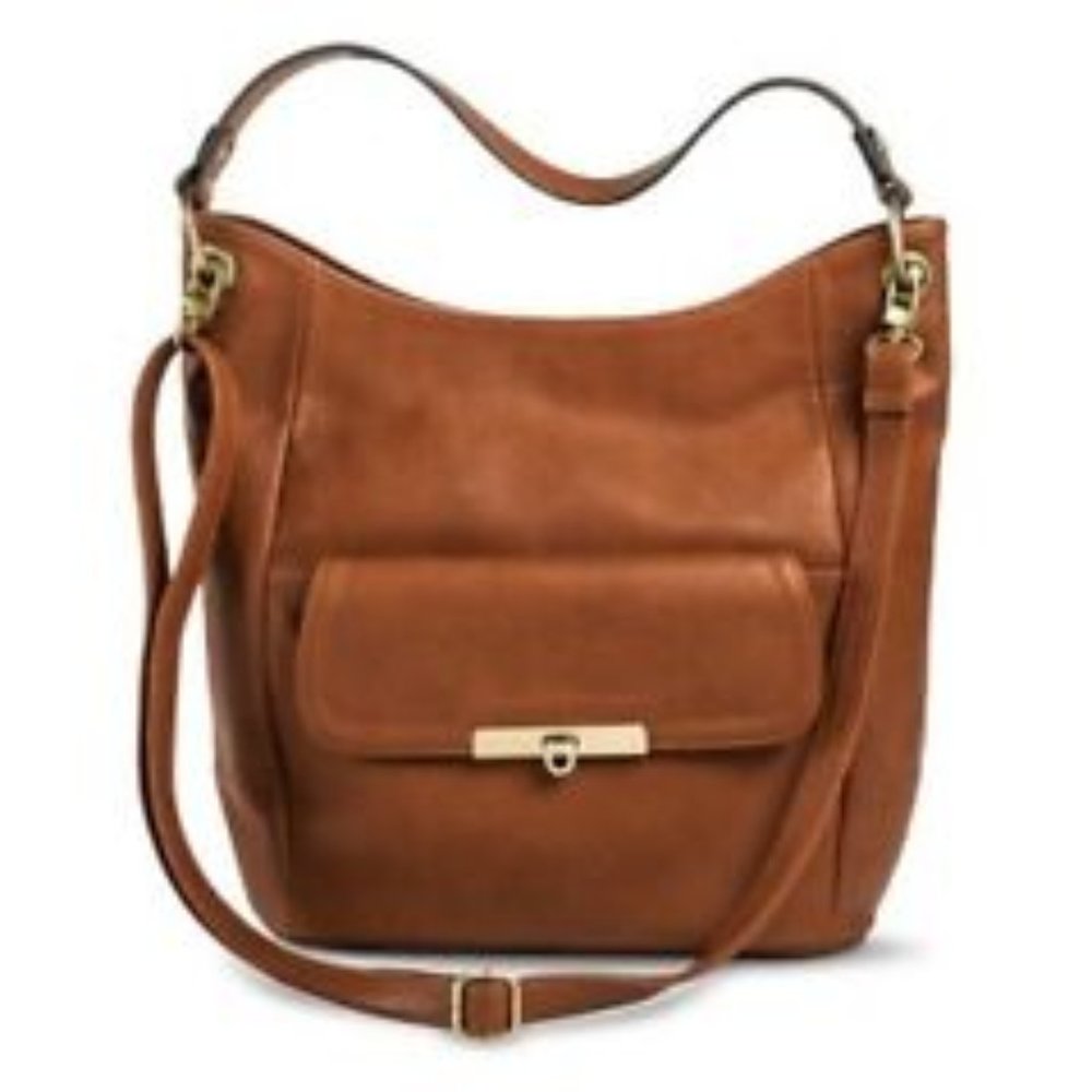 Women's Crossbody Hobo Handbag with Front Pocket - Cognac